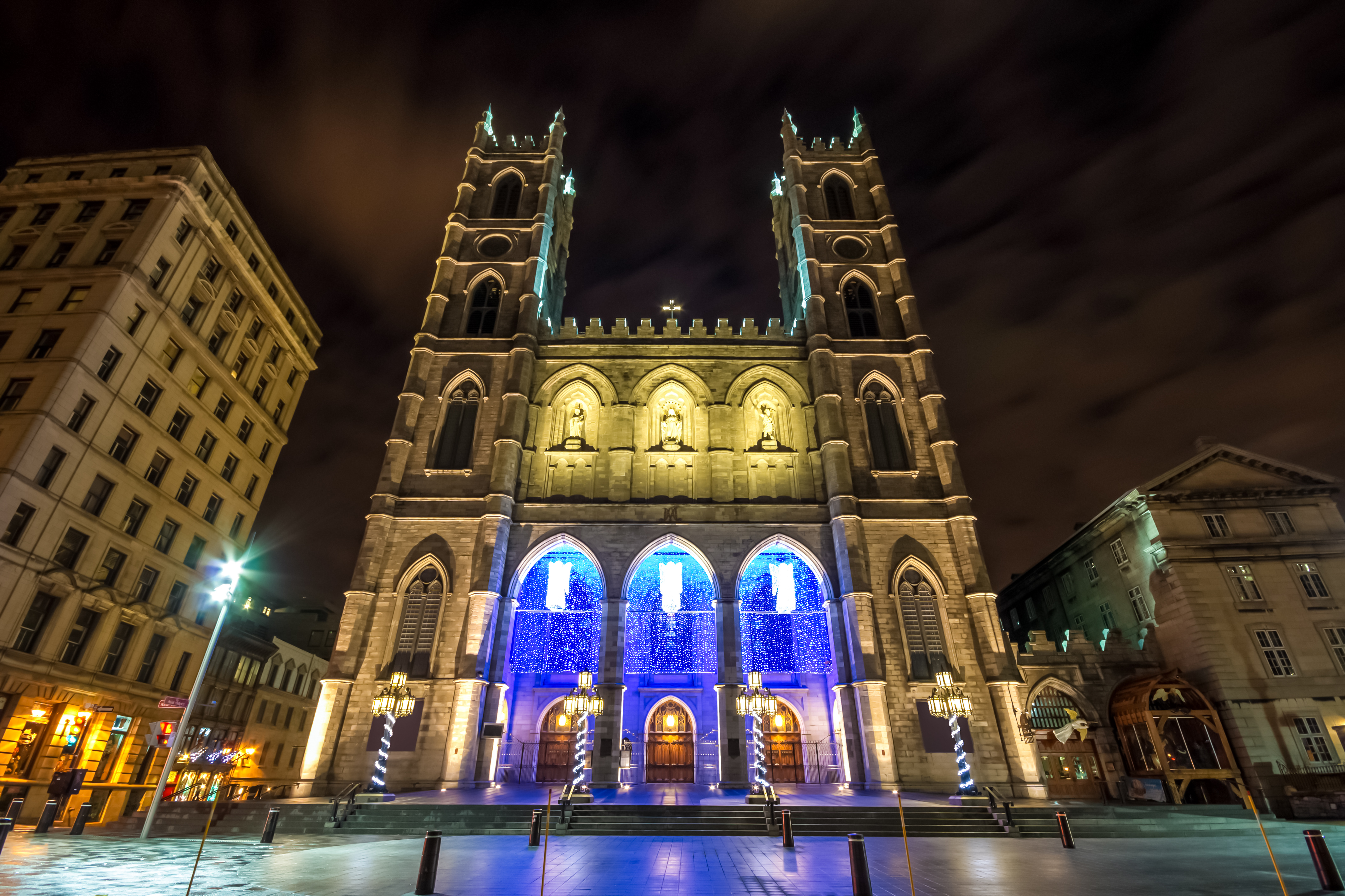 The Notre-Dame Basilica of Montreal with Christmas Decoration at night