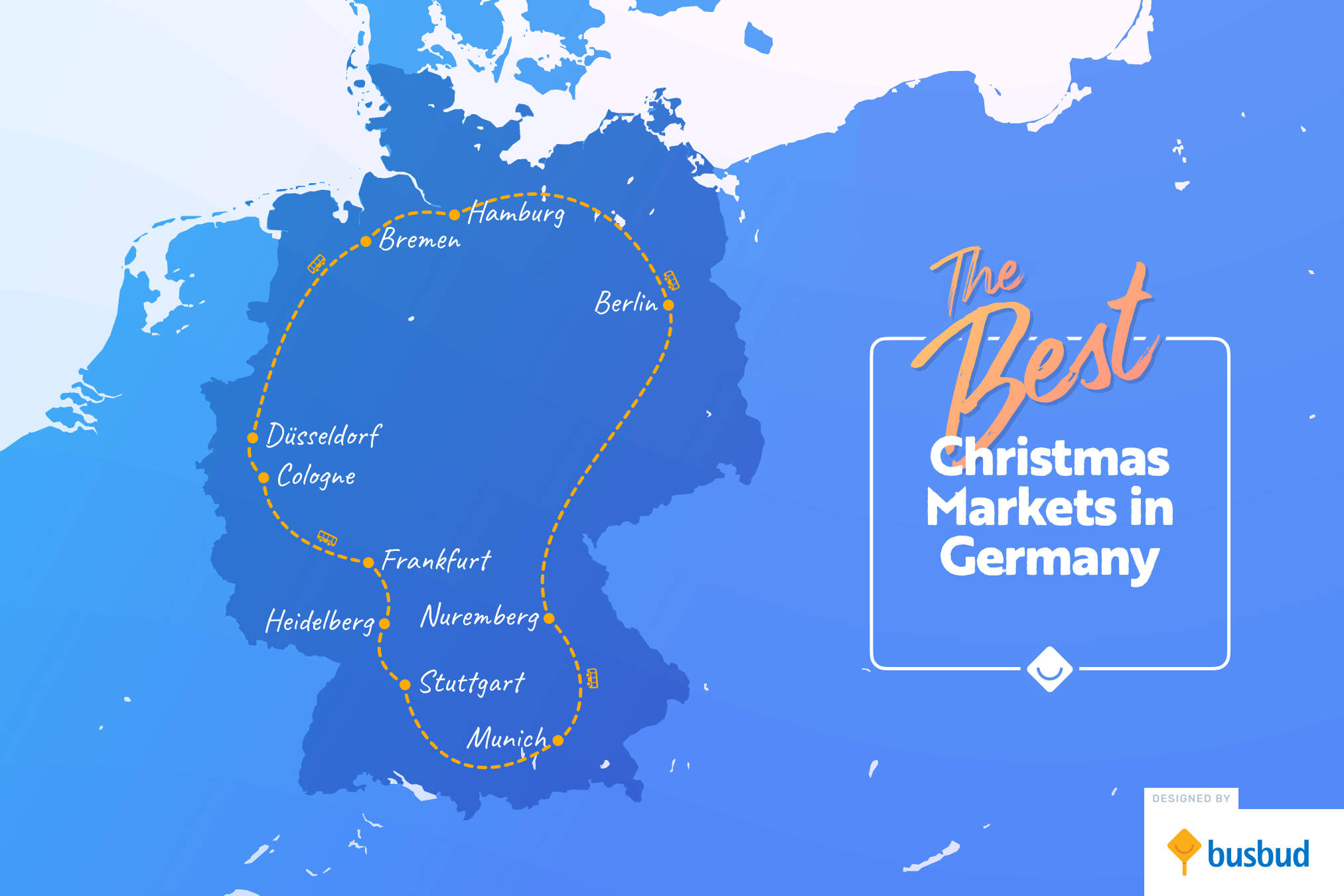 Map of Germany with the location of the 10 Christmas Markets highlighted