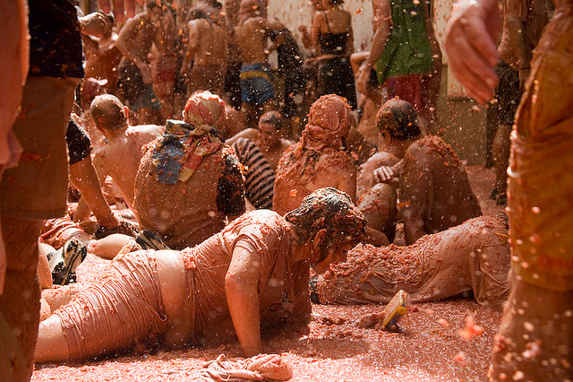 The world’s largest foodfight: the Tomatina Festival. Pulled from the East of Malaga blog and taken by agsaran