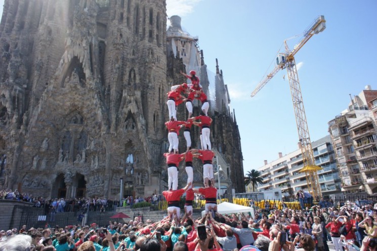 Catalan Castellers in front of the Sagrada Familia, Barcelona, Spain