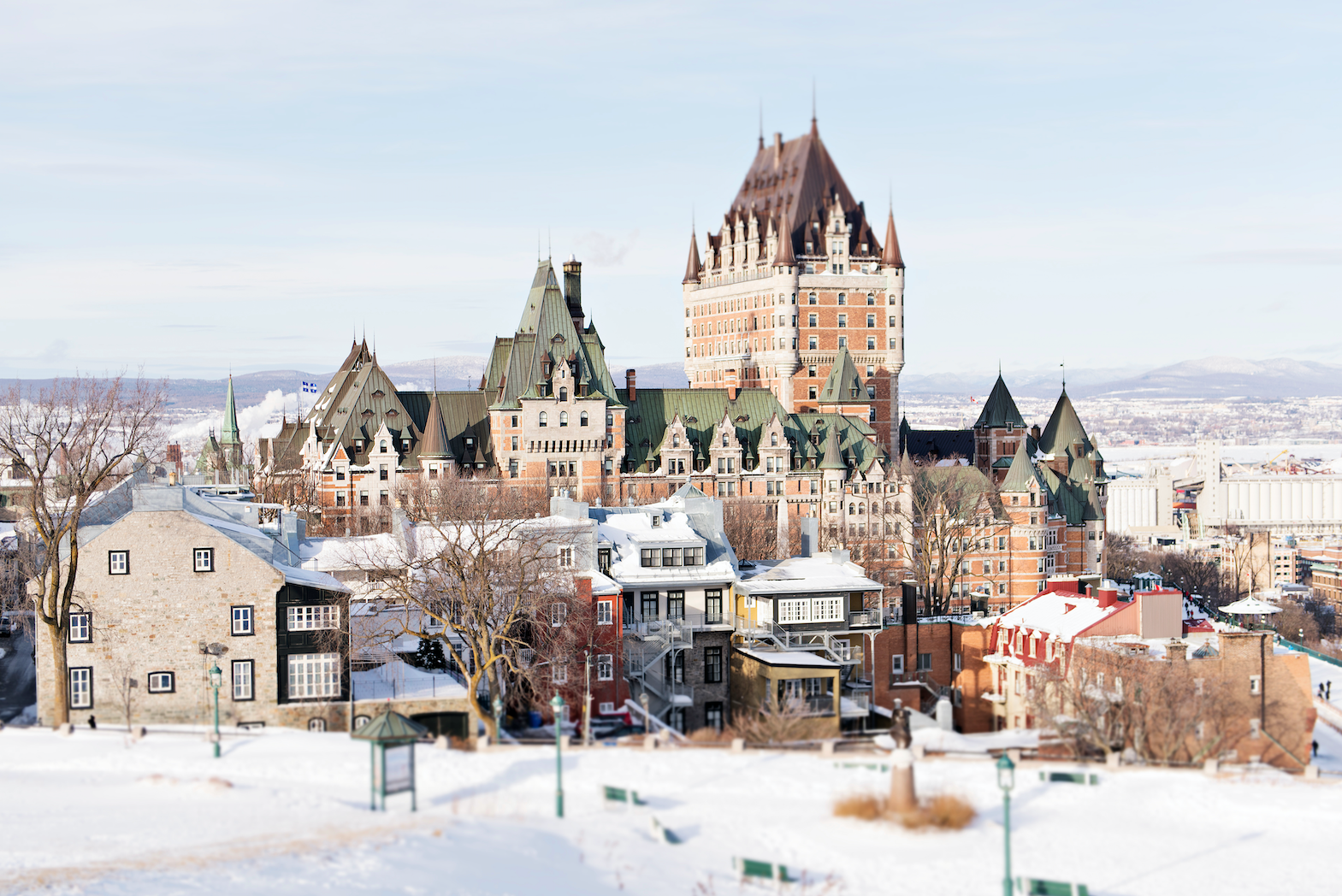 View of chateau frontenac in quebec city on a sunny winter day.