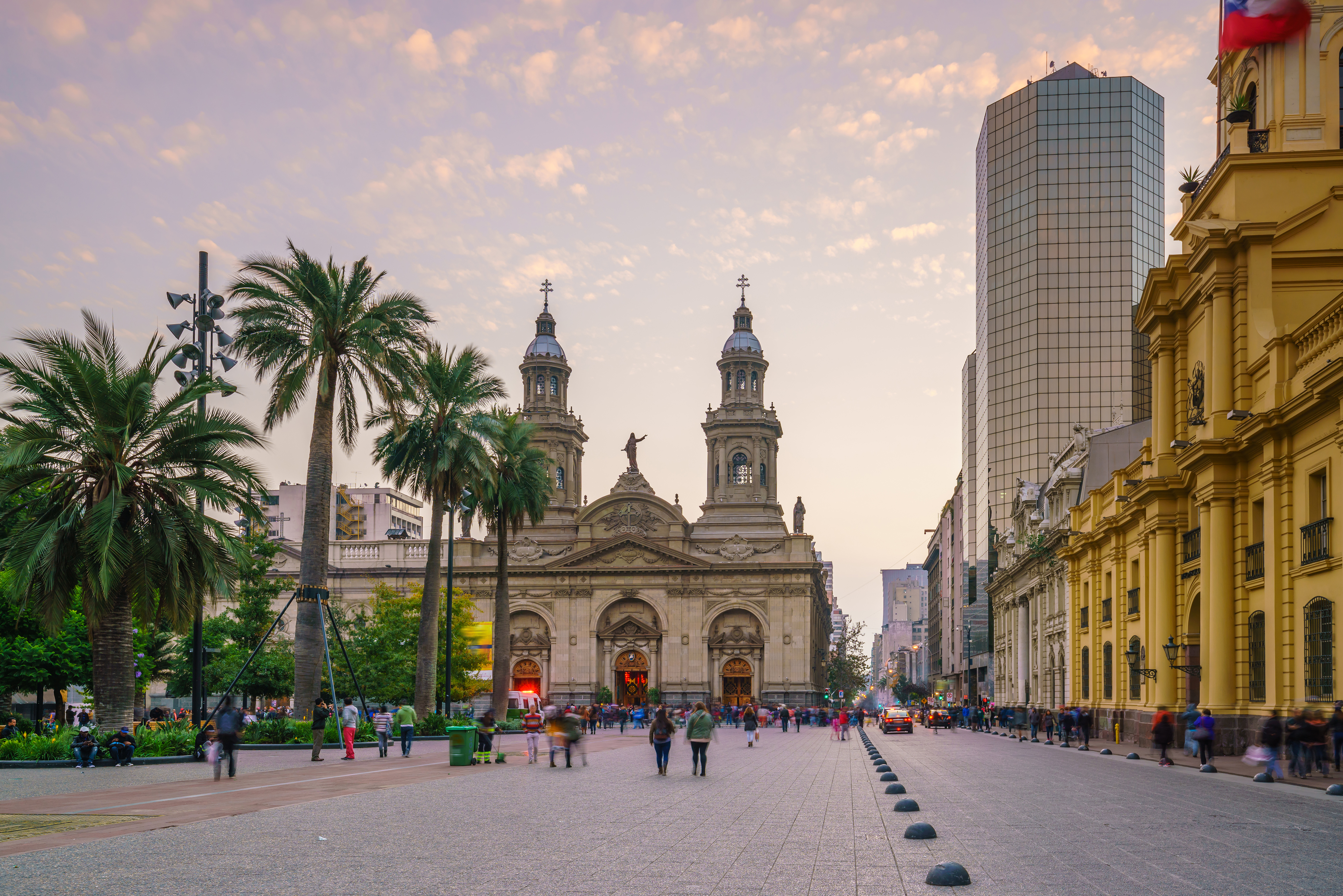 Plaza de Armas in Santiago as the sun is setting