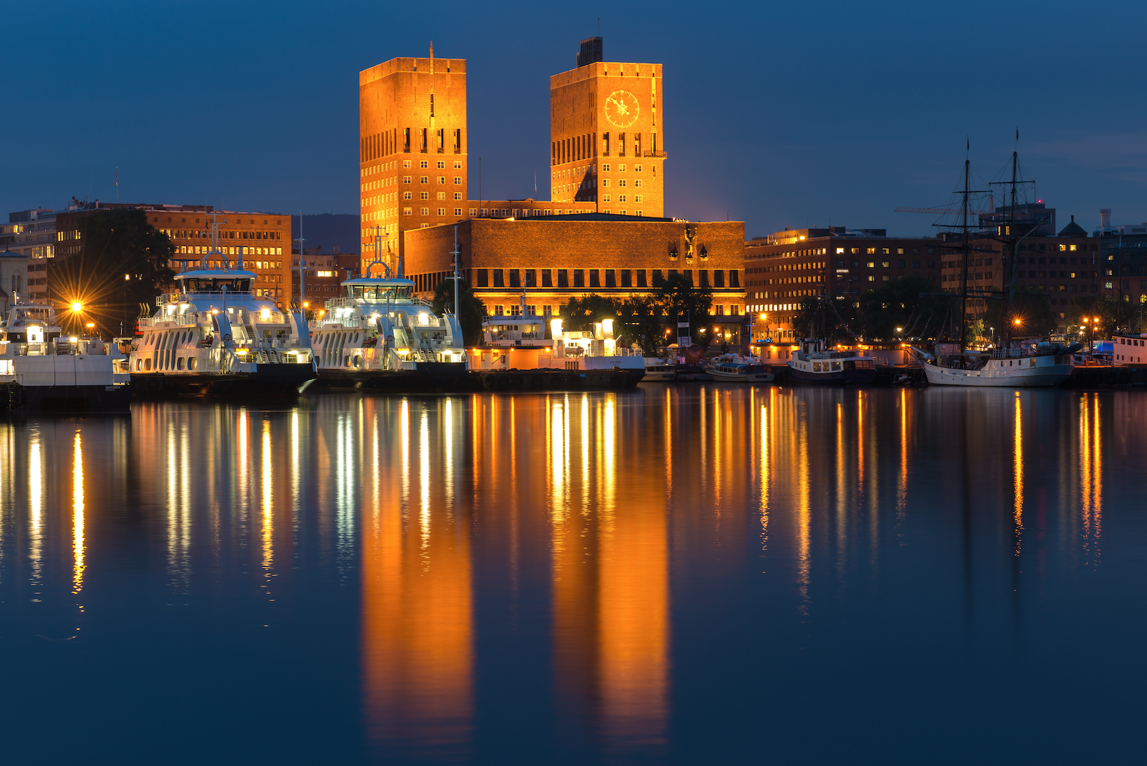 View of Oslo City Hall at nighttime.
