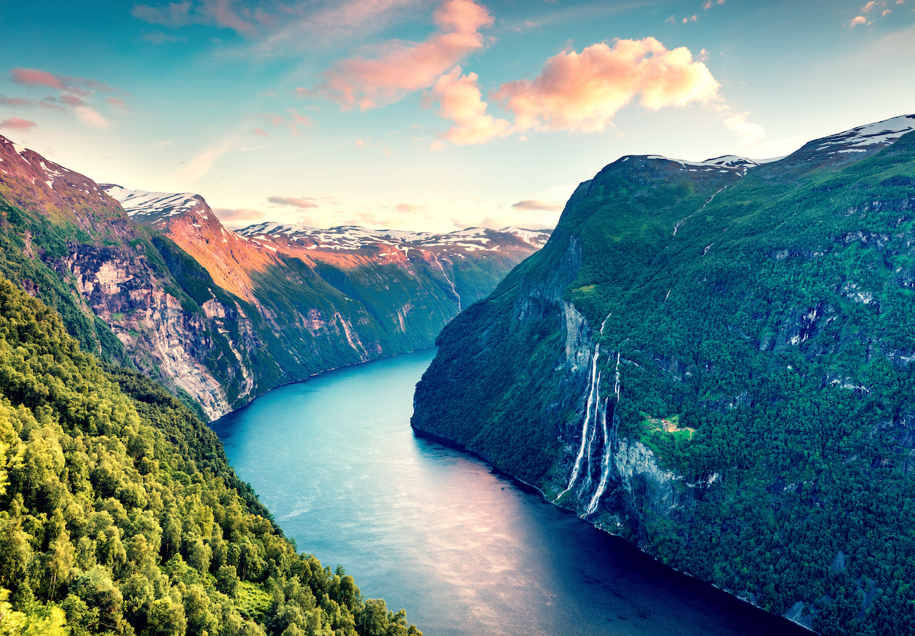 Aerial view of Sunnylvsfjorden fjord at sunset.