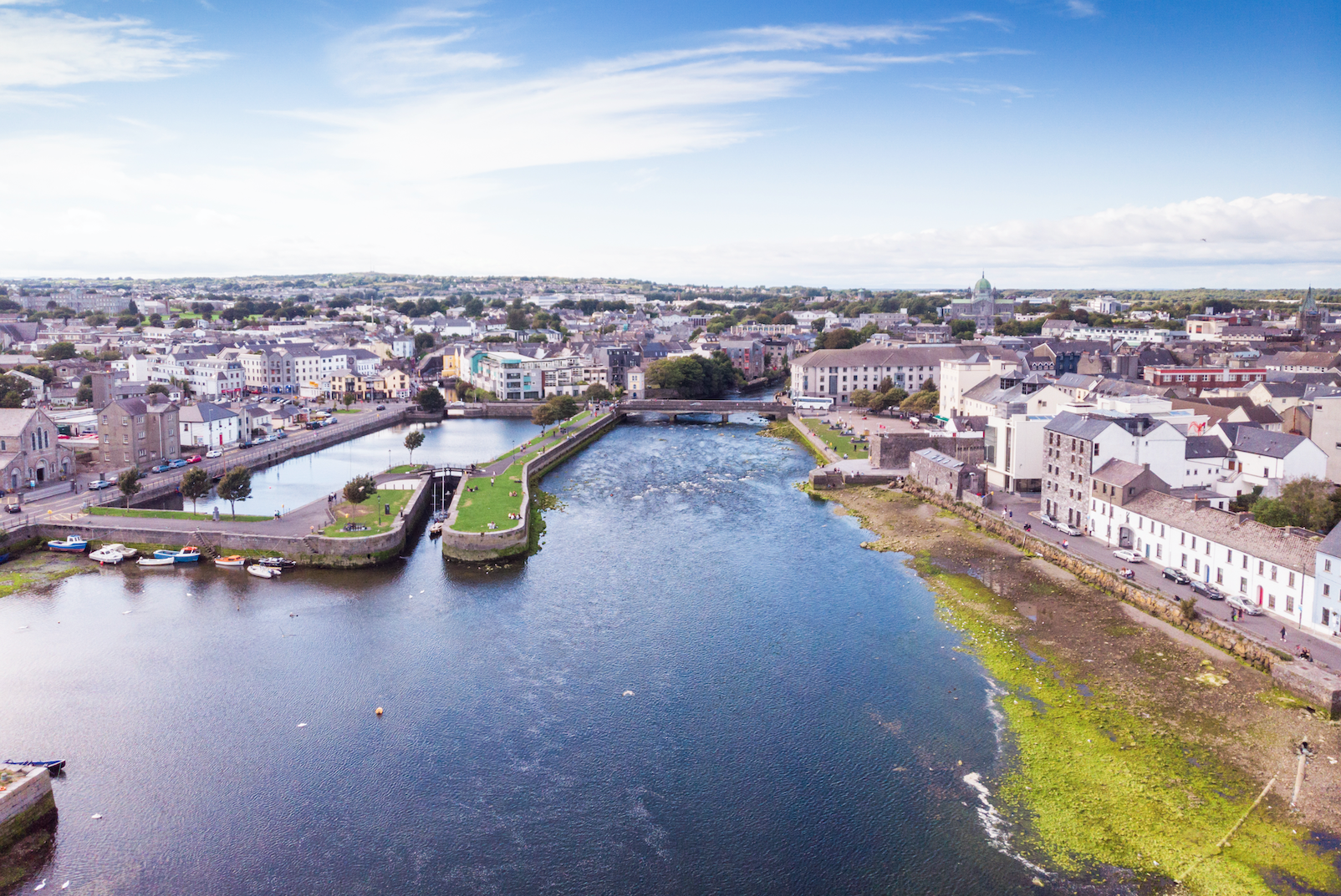 An aerial view of the River Corrib, the Claddagh Basin and the street known as The Long Walk in Galway, Ireland, a European Capital of Culture 2020.