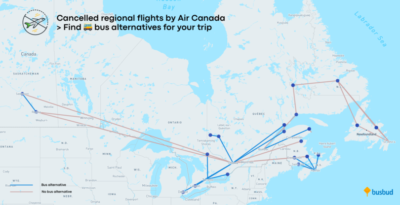 map of cancelled flight by air canada and bus alternatives
